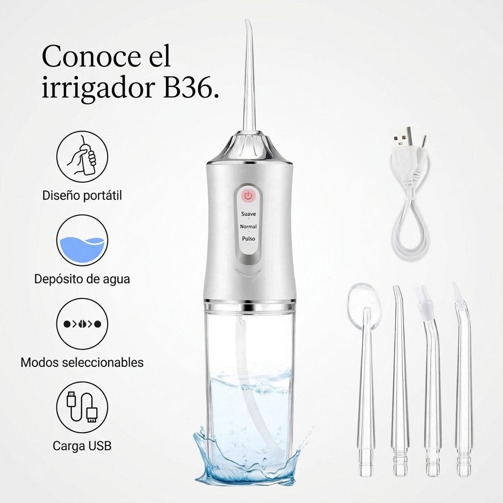 Irrigador B36 blanco con boquillas y cable USB.