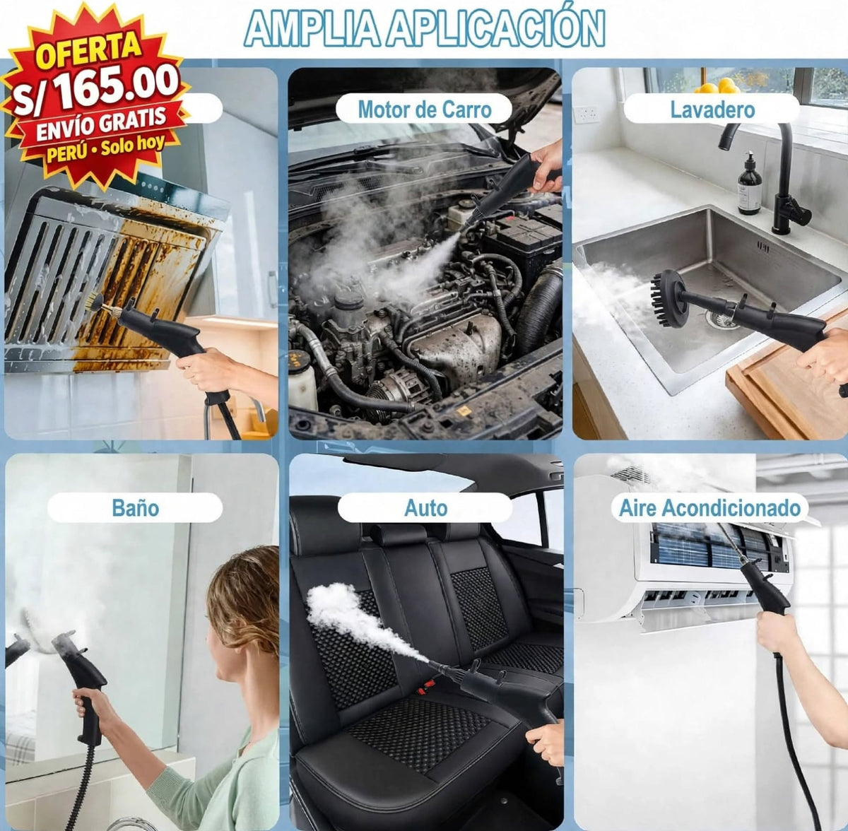 Limpiador a vapor 2500 W para cocina, baño y auto