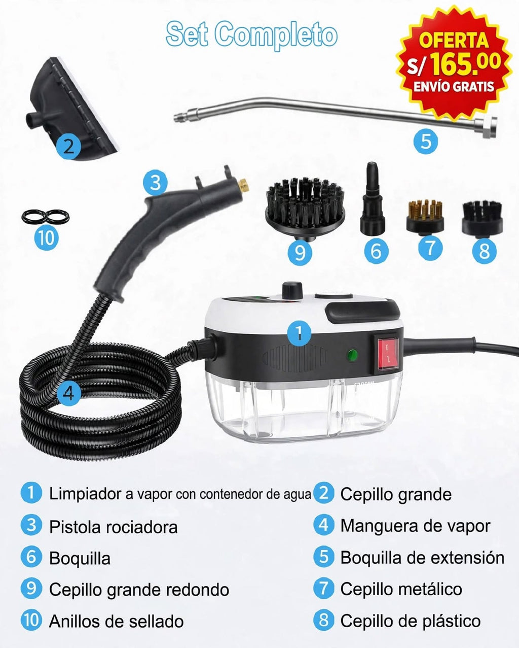 Limpiador a vapor 2500 W para cocina, baño y auto