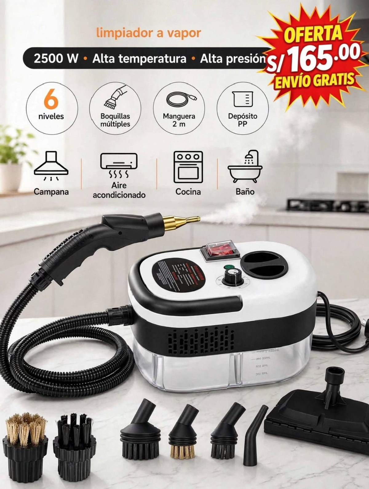 Limpiador a vapor 2500 W para cocina, baño y auto