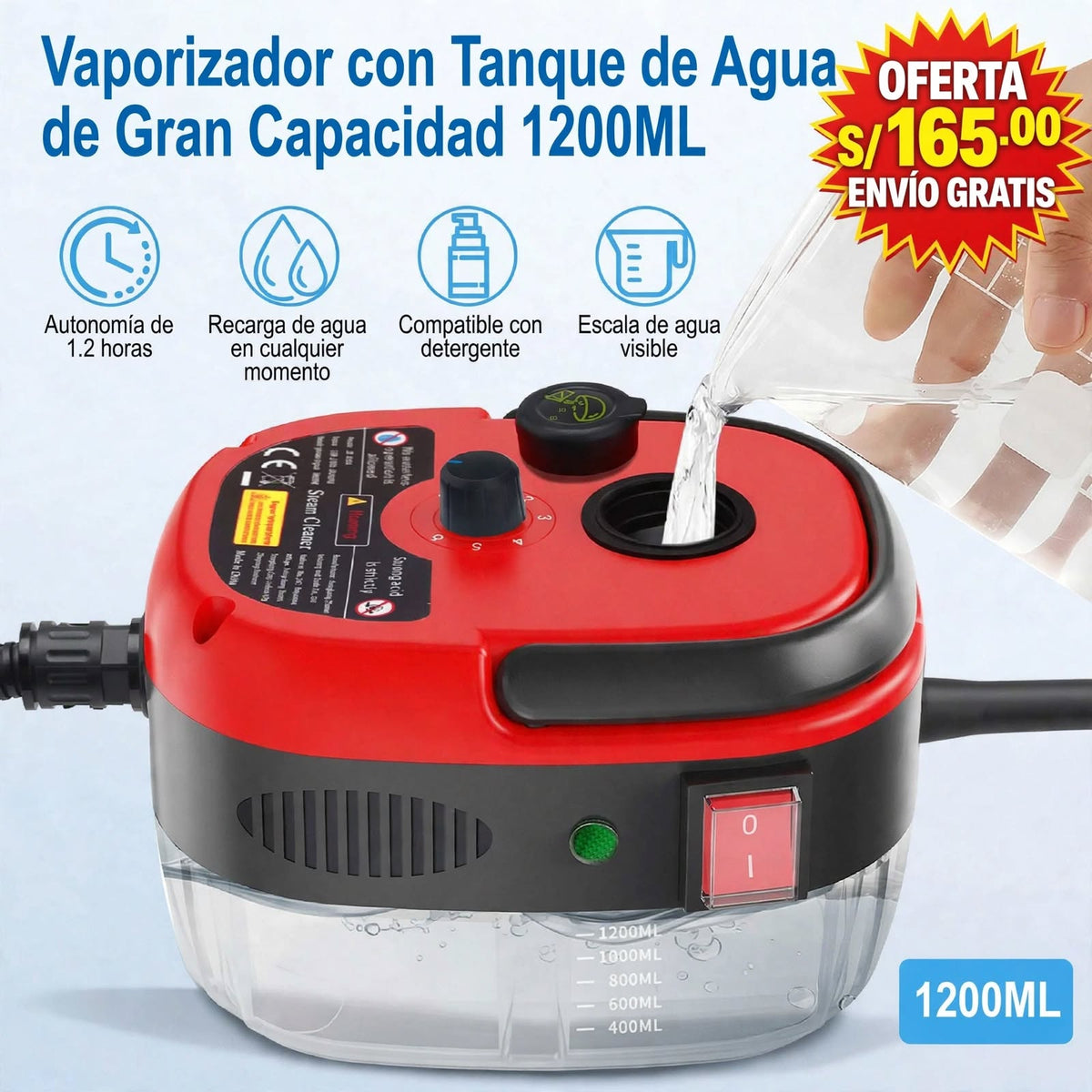 Limpiador a vapor 2500 W para cocina, baño y auto