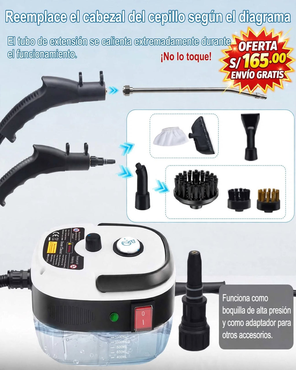 Limpiador a vapor 2500 W para cocina, baño y auto