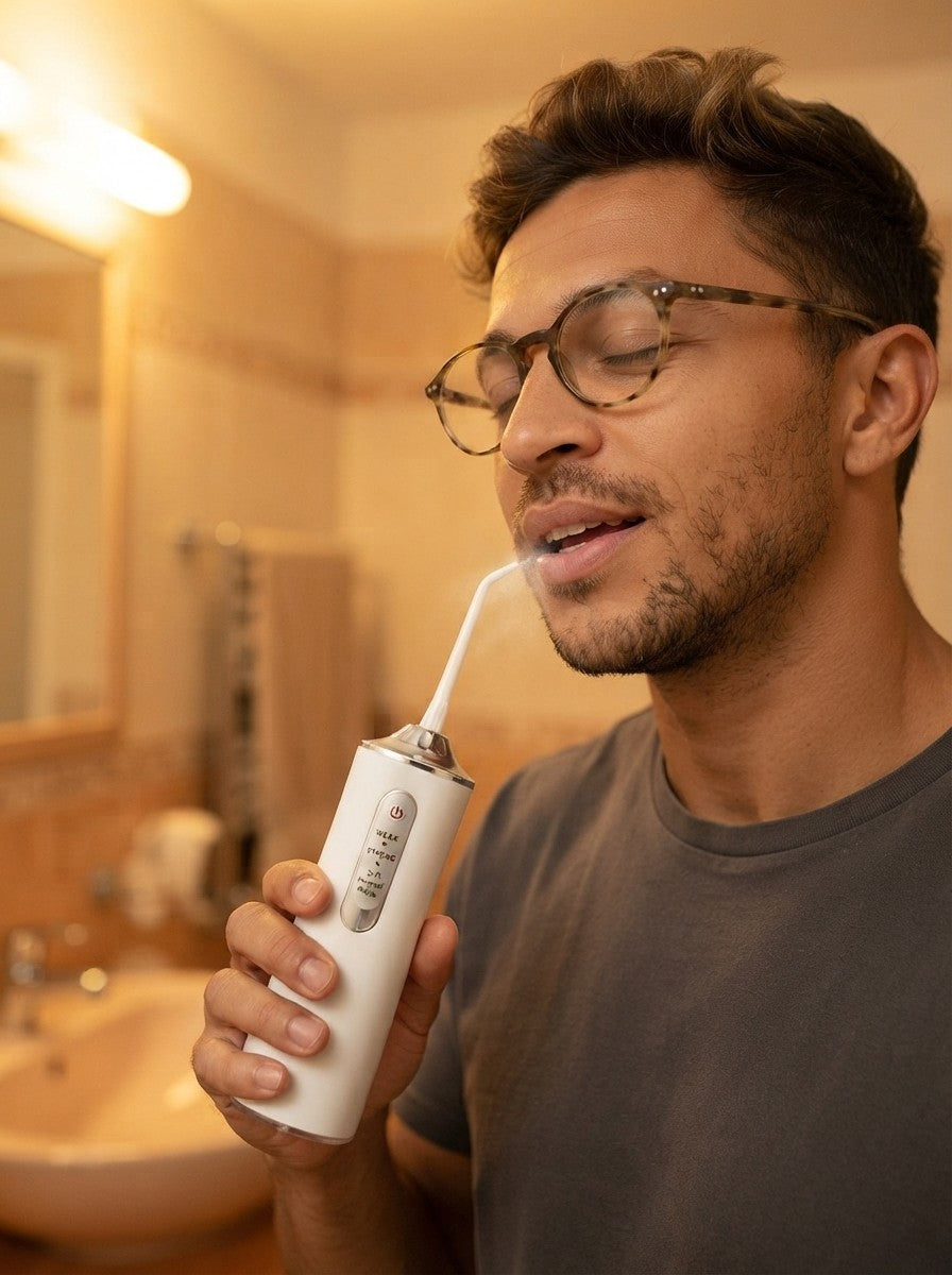 Hombre sosteniendo un irrigador bucal cerca de la boca.